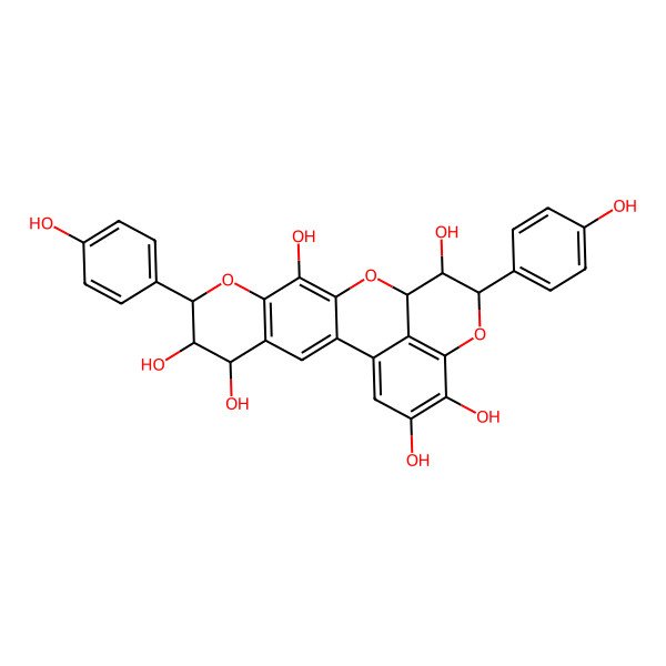2D Structure of (5R,6R,7R,13S,14S,15R)-7,15-bis(4-hydroxyphenyl)-8,12,16-trioxapentacyclo[11.7.1.02,11.04,9.017,21]henicosa-1(20),2,4(9),10,17(21),18-hexaene-5,6,10,14,18,19-hexol