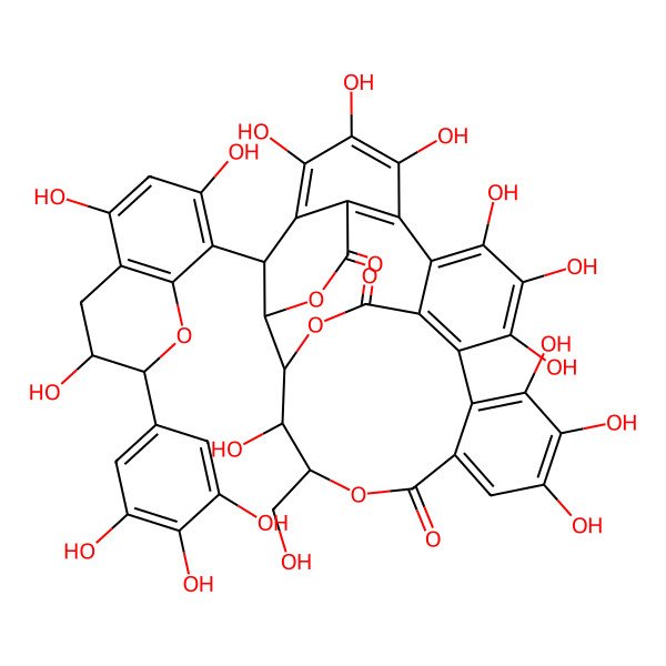 2D Structure of 7,8,9,12,13,14,17,18,19,25-decahydroxy-24-(hydroxymethyl)-29-[3,5,7-trihydroxy-2-(3,4,5-trihydroxyphenyl)-3,4-dihydro-2H-chromen-8-yl]-3,23,26-trioxahexacyclo[13.10.3.12,6.05,10.011,28.016,21]nonacosa-5(10),6,8,11,13,15(28),16,18,20-nonaene-4,22,27-trione