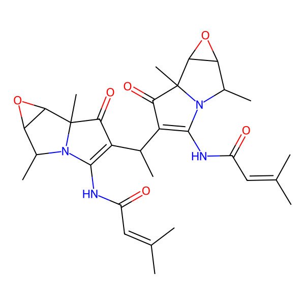 2D Structure of N-[8-[1-[1,5-dimethyl-7-(3-methylbut-2-enoylamino)-9-oxo-3-oxa-6-azatricyclo[4.3.0.02,4]non-7-en-8-yl]ethyl]-1,5-dimethyl-9-oxo-3-oxa-6-azatricyclo[4.3.0.02,4]non-7-en-7-yl]-3-methylbut-2-enamide