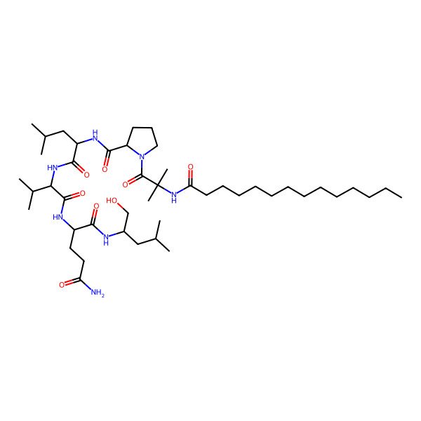 2D Structure of (2S)-N-[(1S)-1-(hydroxymethyl)-3-methyl-butyl]-2-[[(2S)-3-methyl-2-[[(2S)-4-methyl-2-[[1-[2-methyl-2-(tetradecanoylamino)propanoyl]pyrrolidine-2-carbonyl]amino]pentanoyl]amino]butanoyl]amino]pentanediamide
