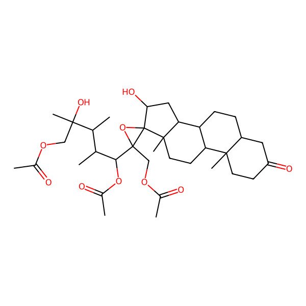 2D Structure of [2'-(1,5-diacetyloxy-4-hydroxy-2,3,4-trimethylpentyl)-16-hydroxy-10,13-dimethyl-3-oxospiro[2,4,5,6,7,8,9,11,12,14,15,16-dodecahydro-1H-cyclopenta[a]phenanthrene-17,3'-oxirane]-2'-yl]methyl acetate