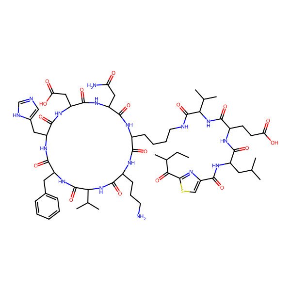 2D Structure of (4R)-5-[[(2S)-1-[4-[(2S,5R,8S,11R,14S,17R,20S)-20-(2-amino-2-oxoethyl)-5-(3-aminopropyl)-11-benzyl-17-(carboxymethyl)-14-(1H-imidazol-5-ylmethyl)-3,6,9,12,15,18,21-heptaoxo-8-propan-2-yl-1,4,7,10,13,16,19-heptazacyclohenicos-2-yl]butylamino]-3-methyl-1-oxobutan-2-yl]amino]-4-[[(2S)-4-methyl-2-[[2-[(2S)-2-methylbutanoyl]-1,3-thiazole-4-carbonyl]amino]pentanoyl]amino]-5-oxopentanoic acid