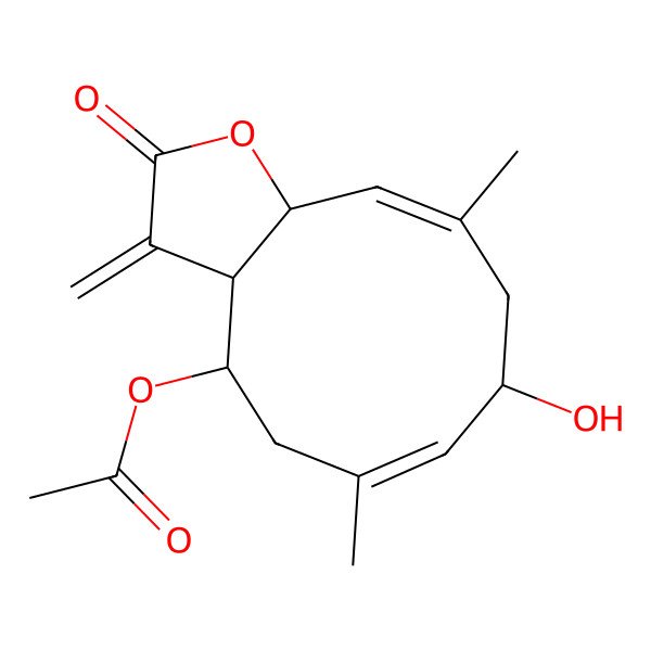 2D Structure of [(3aR,4R,6E,8R,10E,11aR)-8-hydroxy-6,10-dimethyl-3-methylidene-2-oxo-3a,4,5,8,9,11a-hexahydrocyclodeca[b]furan-4-yl] acetate