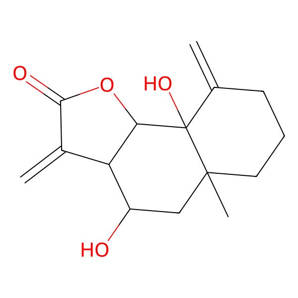 2D Structure of (3aR,4S,5aR,9aR,9bS)-4,9a-dihydroxy-5a-methyl-3,9-dimethylidene-4,5,6,7,8,9b-hexahydro-3aH-benzo[g][1]benzofuran-2-one