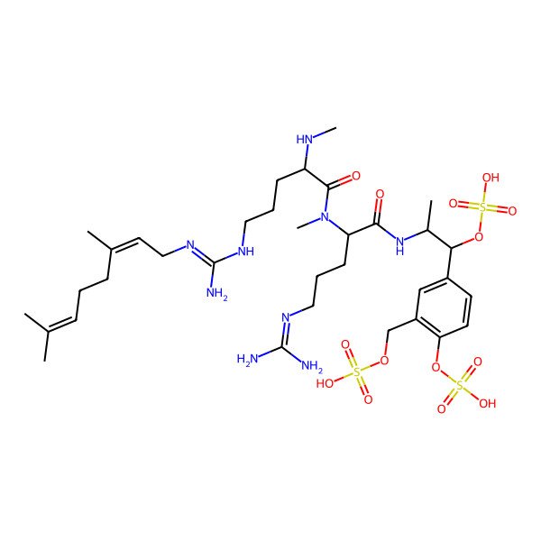 2D Structure of [4-[2-[[5-(diaminomethylideneamino)-2-[[5-[[N'-(3,7-dimethylocta-2,6-dienyl)carbamimidoyl]amino]-2-(methylamino)pentanoyl]-methylamino]pentanoyl]amino]-1-sulfooxypropyl]-2-(sulfooxymethyl)phenyl] hydrogen sulfate