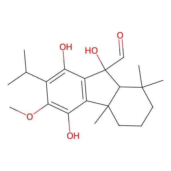 2D Structure of (4aS,9R,9aS)-5,8,9-trihydroxy-6-methoxy-1,1,4a-trimethyl-7-propan-2-yl-2,3,4,9a-tetrahydrofluorene-9-carbaldehyde 2D Structure of (4aS,9R,9aS)-5,8,9-trihydroxy-6-methoxy-1,1,4a-trimethyl-7-propan-2-yl-2,3,4,9a-tetrahydrofluorene-9-carbaldehyde