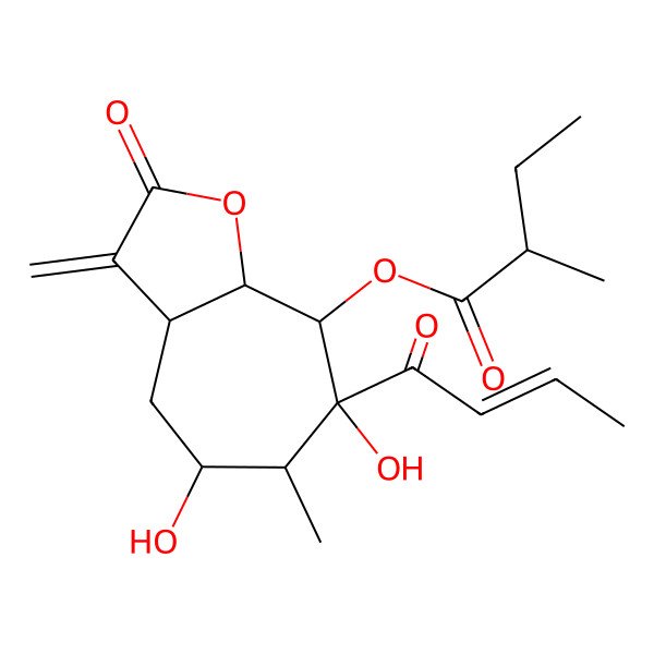2D Structure of [(3aR,5R,6S,7S,8S,8aR)-7-[(E)-but-2-enoyl]-5,7-dihydroxy-6-methyl-3-methylidene-2-oxo-3a,4,5,6,8,8a-hexahydrocyclohepta[b]furan-8-yl] (2R)-2-methylbutanoate