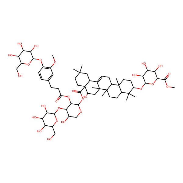 2D Structure of Methyl 3,4,5-trihydroxy-6-[[8-hydroxy-8a-[5-hydroxy-3-[3-[3-methoxy-4-[3,4,5-trihydroxy-6-(hydroxymethyl)oxan-2-yl]oxyphenyl]propanoyloxy]-4-[3,4,5-trihydroxy-6-(hydroxymethyl)oxan-2-yl]oxyoxan-2-yl]oxycarbonyl-4,4,6a,6b,11,11,14b-heptamethyl-1,2,3,4a,5,6,7,8,9,10,12,12a,14,14a-tetradecahydropicen-3-yl]oxy]oxane-2-carboxylate