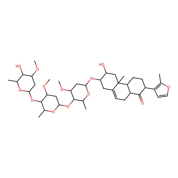2D Structure of (2R,4aS,4bR,6R,7R,10aR)-6-hydroxy-7-[(2S,4S,5R,6R)-5-[(2S,4S,5R,6R)-5-[(2S,4R,5R,6R)-5-hydroxy-4-methoxy-6-methyloxan-2-yl]oxy-4-methoxy-6-methyloxan-2-yl]oxy-4-methoxy-6-methyloxan-2-yl]oxy-4b-methyl-2-(2-methylfuran-3-yl)-2,3,4,4a,5,6,7,8,10,10a-decahydrophenanthren-1-one