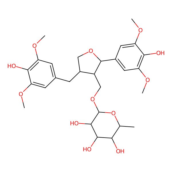 2D Structure of (2R,3R,4R,5R,6S)-2-[[(2R,3S,4S)-2-(4-hydroxy-3,5-dimethoxyphenyl)-4-[(4-hydroxy-3,5-dimethoxyphenyl)methyl]oxolan-3-yl]methoxy]-6-methyloxane-3,4,5-triol