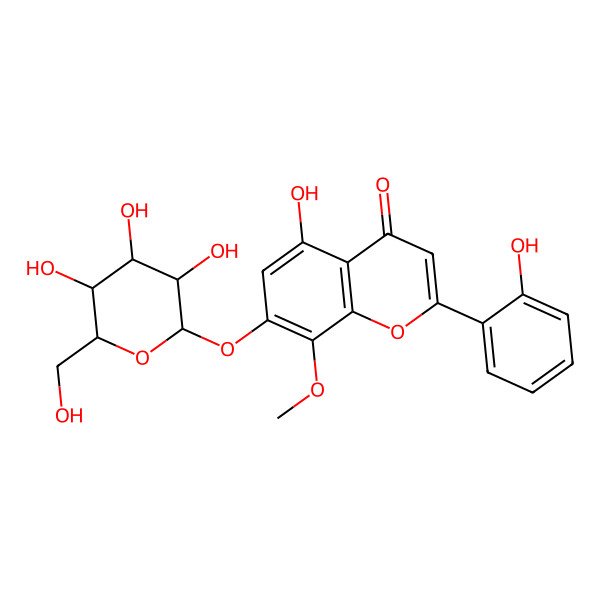 2D Structure of 5-hydroxy-2-(2-hydroxyphenyl)-8-methoxy-7-[(2S,3R,4S,5S,6R)-3,4,5-trihydroxy-6-(hydroxymethyl)oxan-2-yl]oxychromen-4-one