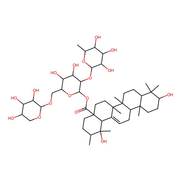 2D Structure of [(2S,3R,4S,5S,6R)-4,5-dihydroxy-3-[(2S,3R,4R,5R,6S)-3,4,5-trihydroxy-6-methyloxan-2-yl]oxy-6-[[(2S,3R,4S,5R)-3,4,5-trihydroxyoxan-2-yl]oxymethyl]oxan-2-yl] (1R,2R,4aS,6aS,6aS,6bR,8aS,10S,12aR,14bR)-1,10-dihydroxy-1,2,6a,6b,9,9,12a-heptamethyl-2,3,4,5,6,6a,7,8,8a,10,11,12,13,14b-tetradecahydropicene-4a-carboxylate