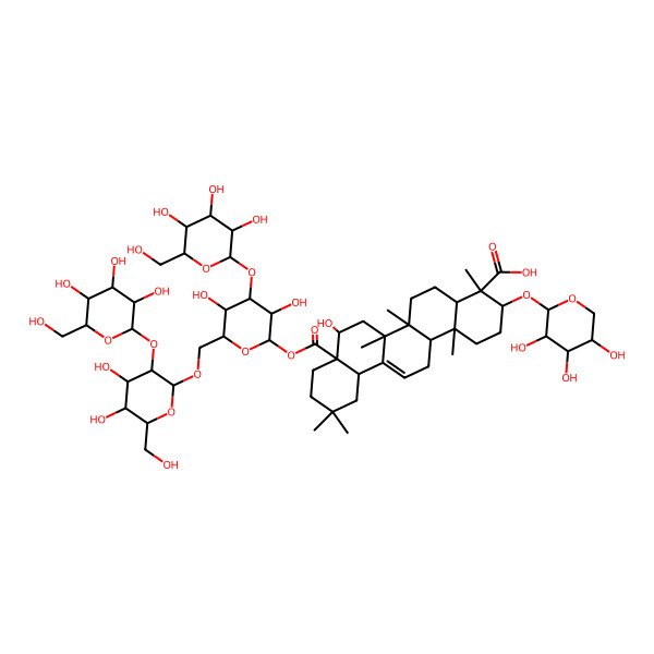 2D Structure of (3S,4S,4aR,6aR,6bS,8R,8aR,12aS,14aR,14bR)-8a-[(2S,3R,4S,5R,6R)-6-[[(2R,3R,4S,5S,6R)-4,5-dihydroxy-6-(hydroxymethyl)-3-[(2S,3R,4S,5S,6R)-3,4,5-trihydroxy-6-(hydroxymethyl)oxan-2-yl]oxyoxan-2-yl]oxymethyl]-3,5-dihydroxy-4-[(2S,3R,4S,5S,6R)-3,4,5-trihydroxy-6-(hydroxymethyl)oxan-2-yl]oxyoxan-2-yl]oxycarbonyl-8-hydroxy-4,6a,6b,11,11,14b-hexamethyl-3-[(2S,3R,4S,5R)-3,4,5-trihydroxyoxan-2-yl]oxy-1,2,3,4a,5,6,7,8,9,10,12,12a,14,14a-tetradecahydropicene-4-carboxylic acid
