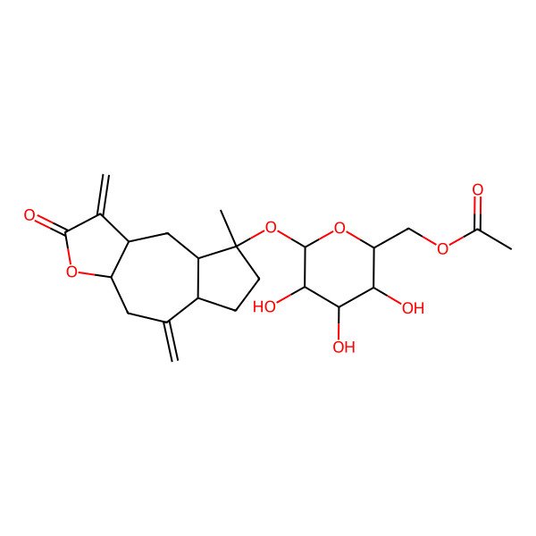 2D Structure of [(2R,3S,4S,5R,6S)-6-[[(3aR,5aS,8R,8aR,9aS)-8-methyl-1,5-dimethylidene-2-oxo-3a,4,5a,6,7,8a,9,9a-octahydroazuleno[6,7-b]furan-8-yl]oxy]-3,4,5-trihydroxyoxan-2-yl]methyl acetate