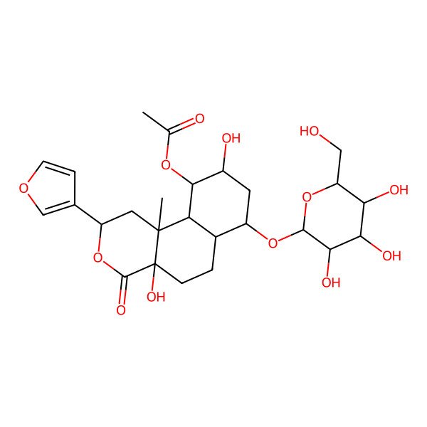 2D Structure of [(2S,4aS,6aS,7R,9S,10R,10aR,10bS)-2-(furan-3-yl)-4a,9-dihydroxy-10b-methyl-4-oxo-7-[(2R,3R,4S,5S,6R)-3,4,5-trihydroxy-6-(hydroxymethyl)oxan-2-yl]oxy-1,2,5,6,6a,7,8,9,10,10a-decahydrobenzo[f]isochromen-10-yl] acetate