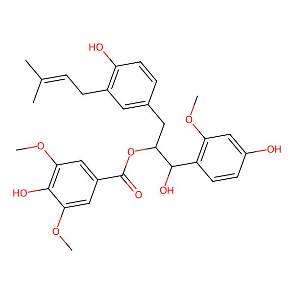 2D Structure of [(1R,2S)-1-hydroxy-1-(4-hydroxy-2-methoxyphenyl)-3-[4-hydroxy-3-(3-methylbut-2-enyl)phenyl]propan-2-yl] 4-hydroxy-3,5-dimethoxybenzoate