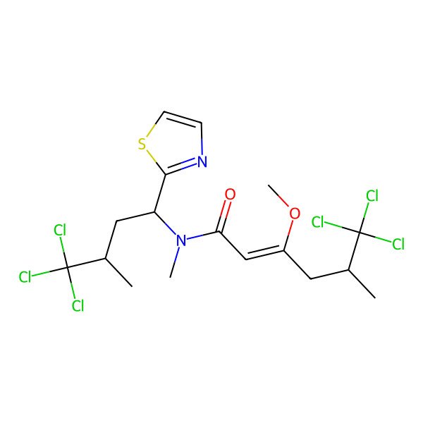 2D Structure of (E,5S)-6,6,6-trichloro-3-methoxy-N,5-dimethyl-N-[(1S,3S)-4,4,4-trichloro-3-methyl-1-(1,3-thiazol-2-yl)butyl]hex-2-enamide