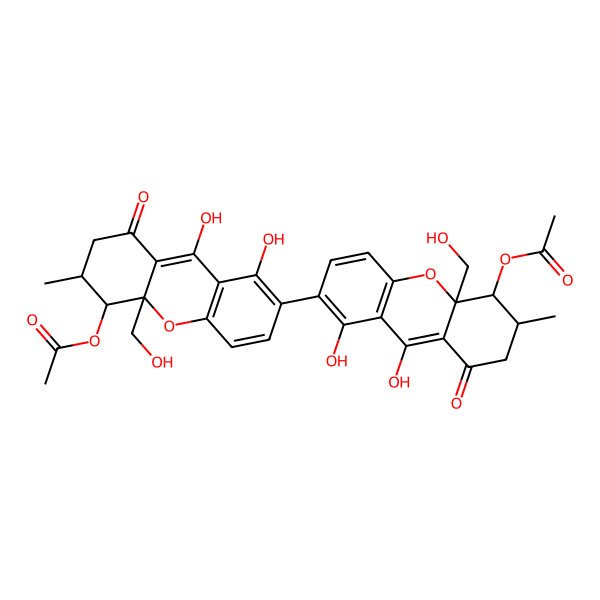 2D Structure of [7-[5-acetyloxy-1,9-dihydroxy-10a-(hydroxymethyl)-6-methyl-8-oxo-6,7-dihydro-5H-xanthen-2-yl]-8,9-dihydroxy-4a-(hydroxymethyl)-3-methyl-1-oxo-3,4-dihydro-2H-xanthen-4-yl] acetate
