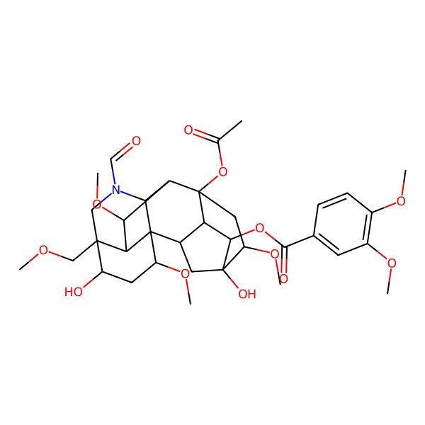 2D Structure of [(1S,2S,3S,4R,5R,6R,8S,9R,10R,13R,14R,16S,17S,18R)-8-acetyloxy-11-formyl-5,14-dihydroxy-6,16,18-trimethoxy-13-(methoxymethyl)-11-azahexacyclo[7.7.2.12,5.01,10.03,8.013,17]nonadecan-4-yl] 3,4-dimethoxybenzoate