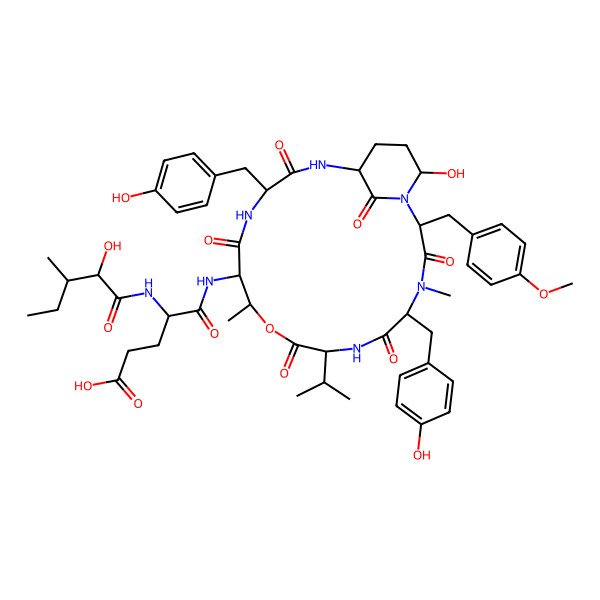 2D Structure of 5-[[21-Hydroxy-5,15-bis[(4-hydroxyphenyl)methyl]-2-[(4-methoxyphenyl)methyl]-4,11-dimethyl-3,6,9,13,16,22-hexaoxo-8-propan-2-yl-10-oxa-1,4,7,14,17-pentazabicyclo[16.3.1]docosan-12-yl]amino]-4-[(2-hydroxy-3-methylpentanoyl)amino]-5-oxopentanoic acid