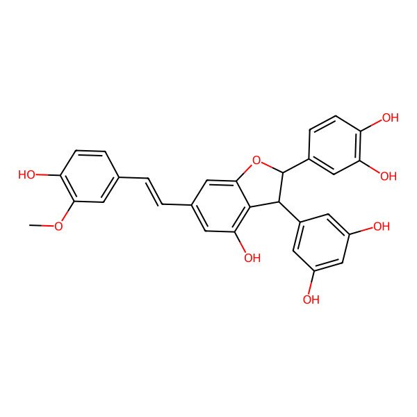 2D Structure of 4-[3-(3,5-Dihydroxyphenyl)-4-hydroxy-6-[2-(4-hydroxy-3-methoxyphenyl)ethenyl]-2,3-dihydro-1-benzofuran-2-yl]benzene-1,2-diol