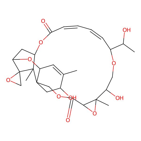 2D Structure of (1S,3S,6S,8S,12R,14S,15R,18R,19E,21E,25S,26R,27R)-6,15-dihydroxy-18-[(1S)-1-hydroxyethyl]-5,14,26-trimethylspiro[2,10,13,17,24-pentaoxapentacyclo[23.2.1.03,8.08,26.012,14]octacosa-4,19,21-triene-27,2'-oxirane]-11,23-dione