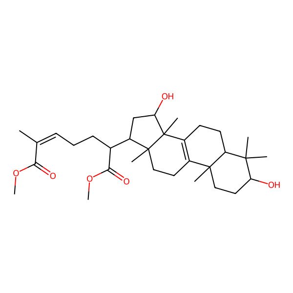 2D Structure of dimethyl (E,6R)-6-[(3S,5R,10S,13R,14R,15S,17R)-3,15-dihydroxy-4,4,10,13,14-pentamethyl-2,3,5,6,7,11,12,15,16,17-decahydro-1H-cyclopenta[a]phenanthren-17-yl]-2-methylhept-2-enedioate