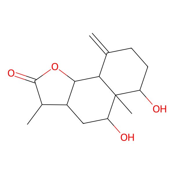 2D Structure of (3S,3aS,5S,5aR,6R,9bS)-5,6-dihydroxy-3,5a-dimethyl-9-methylidene-3a,4,5,6,7,8,9a,9b-octahydro-3H-benzo[g][1]benzofuran-2-one