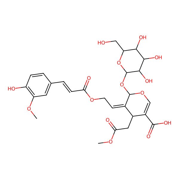 2D Structure of (4S,5E,6S)-5-[2-[(E)-3-(4-hydroxy-3-methoxyphenyl)prop-2-enoyl]oxyethylidene]-4-(2-methoxy-2-oxoethyl)-6-[(2S,3R,4S,5S,6R)-3,4,5-trihydroxy-6-(hydroxymethyl)oxan-2-yl]oxy-4H-pyran-3-carboxylic acid