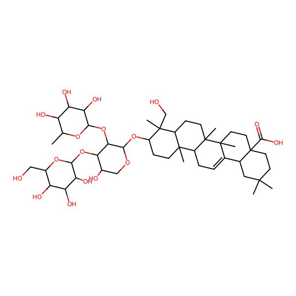 2D Structure of 9-(Hydroxymethyl)-10-[5-hydroxy-4-[3,4,5-trihydroxy-6-(hydroxymethyl)oxan-2-yl]oxy-3-(3,4,5-trihydroxy-6-methyloxan-2-yl)oxyoxan-2-yl]oxy-2,2,6a,6b,9,12a-hexamethyl-1,3,4,5,6,6a,7,8,8a,10,11,12,13,14b-tetradecahydropicene-4a-carboxylic acid