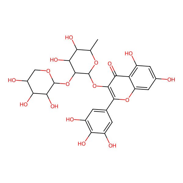2D Structure of 3-[(2S,3S,4R,5R,6S)-4,5-dihydroxy-6-methyl-3-[(2R,3R,4R,5R)-3,4,5-trihydroxyoxan-2-yl]oxyoxan-2-yl]oxy-5,7-dihydroxy-2-(3,4,5-trihydroxyphenyl)chromen-4-one