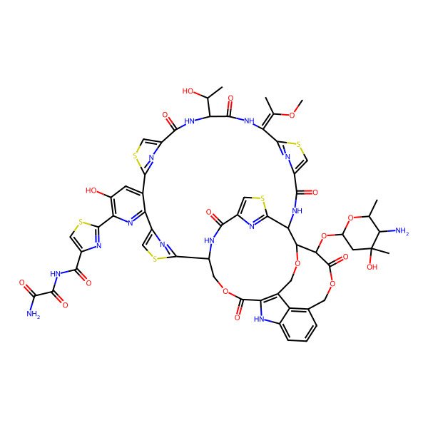 2D Structure of N'-[2-[30-(5-amino-4-hydroxy-4,6-dimethyloxan-2-yl)oxy-9-hydroxy-18-(1-hydroxyethyl)-21-(1-methoxyethylidene)-16,19,26,31,42,46-hexaoxo-32,43,54-trioxa-3,13,23,49-tetrathia-7,17,20,27,45,51,52,55,56,57-decazadecacyclo[26.16.6.229,40.12,5.112,15.122,25.138,41.147,50.06,11.034,39]heptapentaconta-2(57),4,6,8,10,12(56),14,22(55),24,34(39),35,37,40,47,50-pentadecaen-8-yl]-1,3-thiazole-4-carbonyl]oxamide