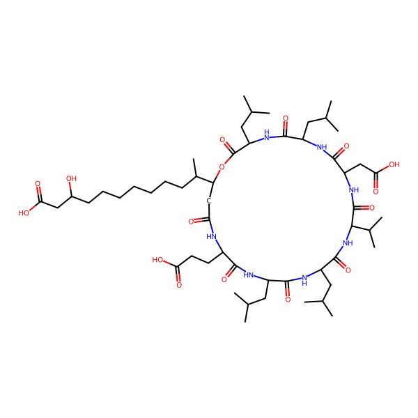 2D Structure of 11-[21-(2-Carboxyethyl)-9-(carboxymethyl)-3,6,15,18-tetrakis(2-methylpropyl)-2,5,8,11,14,17,20,23-octaoxo-12-propan-2-yl-1-oxa-4,7,10,13,16,19,22-heptazacyclopentacos-25-yl]-3-hydroxydodecanoic acid