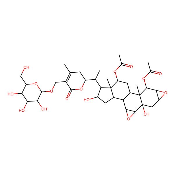 2D Structure of [(1S,2S,4S,5R,7S,9S,10R,11S,12S,14S,15S,16R,17S,19S)-10-acetyloxy-5,17-dihydroxy-11,15-dimethyl-16-[(1S)-1-[(2R)-4-methyl-6-oxo-5-[[(2R,3R,4S,5S,6S)-3,4,5-trihydroxy-6-(hydroxymethyl)oxan-2-yl]oxymethyl]-2,3-dihydropyran-2-yl]ethyl]-3,8-dioxahexacyclo[10.7.0.02,4.05,11.07,9.015,19]nonadecan-14-yl] acetate