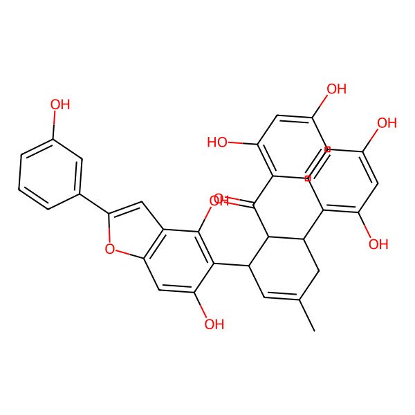 2D Structure of [(1R,2R,6S)-2-[4,6-dihydroxy-2-(3-hydroxyphenyl)-1-benzofuran-5-yl]-6-(2,4-dihydroxyphenyl)-4-methylcyclohex-3-en-1-yl]-(2,4-dihydroxyphenyl)methanone