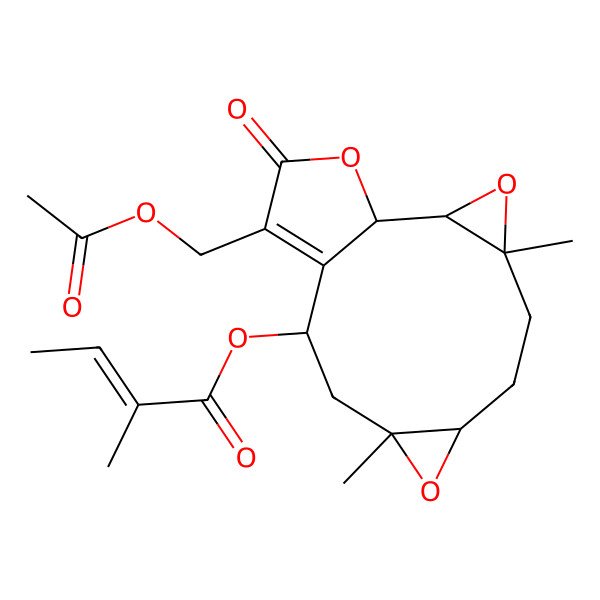 2D Structure of [13-(Acetyloxymethyl)-4,9-dimethyl-14-oxo-3,8,15-trioxatetracyclo[10.3.0.02,4.07,9]pentadec-12-en-11-yl] 2-methylbut-2-enoate