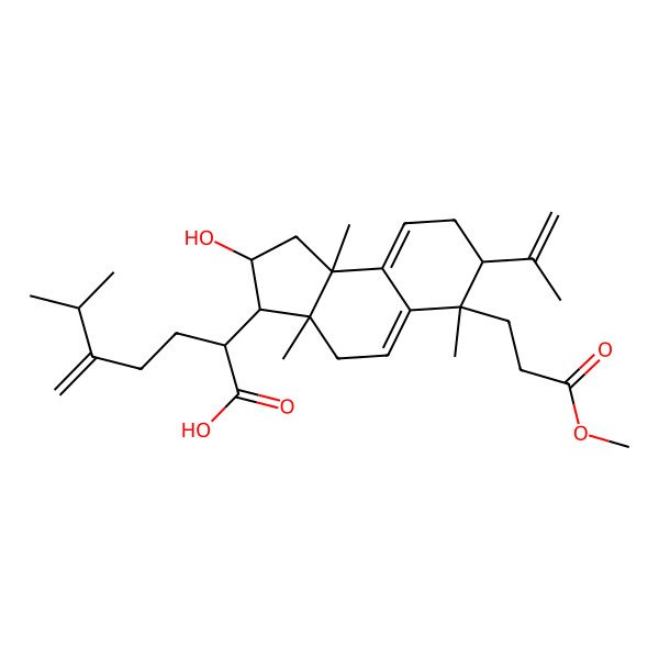 2D Structure of 2-[(3aR,6S,9bR)-2-hydroxy-6-(3-methoxy-3-oxopropyl)-3a,6,9b-trimethyl-7-prop-1-en-2-yl-1,2,3,4,7,8-hexahydrocyclopenta[a]naphthalen-3-yl]-6-methyl-5-methylideneheptanoic acid
