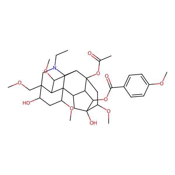 2D Structure of [(2R,3R,5S,6S,8R,13R,17S)-8-acetyloxy-11-ethyl-5,14-dihydroxy-6,16,18-trimethoxy-13-(methoxymethyl)-11-azahexacyclo[7.7.2.12,5.01,10.03,8.013,17]nonadecan-4-yl] 4-methoxybenzoate