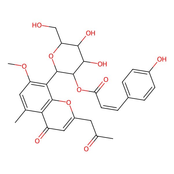 2D Structure of [4,5-Dihydroxy-6-(hydroxymethyl)-2-[7-methoxy-5-methyl-4-oxo-2-(2-oxopropyl)chromen-8-yl]oxan-3-yl] 3-(4-hydroxyphenyl)prop-2-enoate