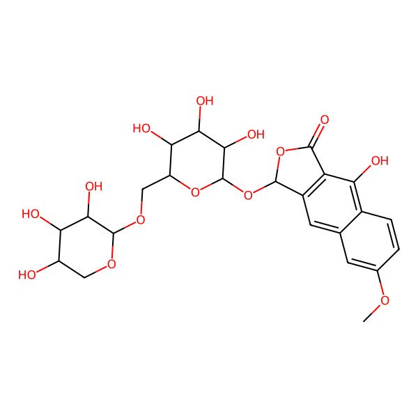 2D Structure of 9-hydroxy-6-methoxy-3-[(2S,3R,4S,5S,6R)-3,4,5-trihydroxy-6-[[(2S,3R,4S,5R)-3,4,5-trihydroxyoxan-2-yl]oxymethyl]oxan-2-yl]oxy-3H-benzo[f][2]benzofuran-1-one