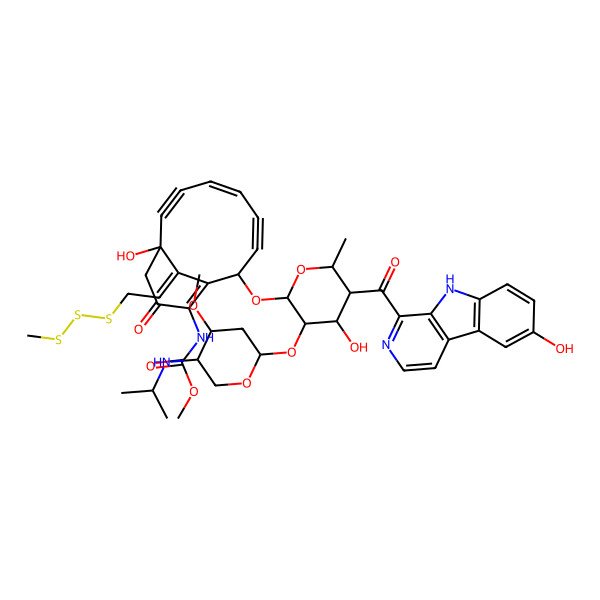 2D Structure of methyl N-[1-hydroxy-8-[4-hydroxy-5-(6-hydroxy-9H-pyrido[3,4-b]indole-1-carbonyl)-3-[4-methoxy-5-(propan-2-ylamino)oxan-2-yl]oxy-6-methyloxan-2-yl]oxy-13-[2-(methyltrisulfanyl)ethylidene]-11-oxo-10-bicyclo[7.3.1]trideca-4,9-dien-2,6-diynyl]carbamate