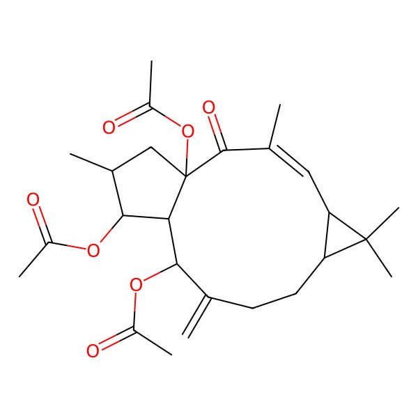 2D Structure of [(1R,3E,5R,7S,11R,12R,13S,14R)-1,11-diacetyloxy-3,6,6,14-tetramethyl-10-methylidene-2-oxo-13-tricyclo[10.3.0.05,7]pentadec-3-enyl] acetate