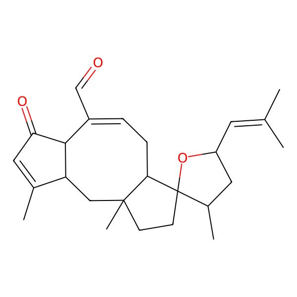 2D Structure of 1',3,4'-Trimethyl-5-(2-methylprop-1-enyl)-6'-oxospiro[oxolane-2,12'-tricyclo[9.3.0.03,7]tetradeca-4,8-diene]-8'-carbaldehyde