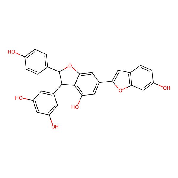 2D Structure of 5-[4-Hydroxy-6-(6-hydroxy-1-benzofuran-2-yl)-2-(4-hydroxyphenyl)-2,3-dihydro-1-benzofuran-3-yl]benzene-1,3-diol