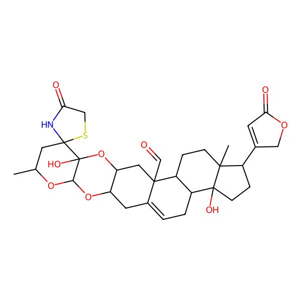2D Structure of (2S,3'R,5'S,7'R,10'R,12'R,14'S,15'S,18'R,19'R,22'S,23'R)-10',22'-dihydroxy-7',18'-dimethyl-4-oxo-19'-(5-oxo-2H-furan-3-yl)spiro[1,3-thiazolidine-2,9'-4,6,11-trioxahexacyclo[12.11.0.03,12.05,10.015,23.018,22]pentacos-1(25)-ene]-14'-carbaldehyde