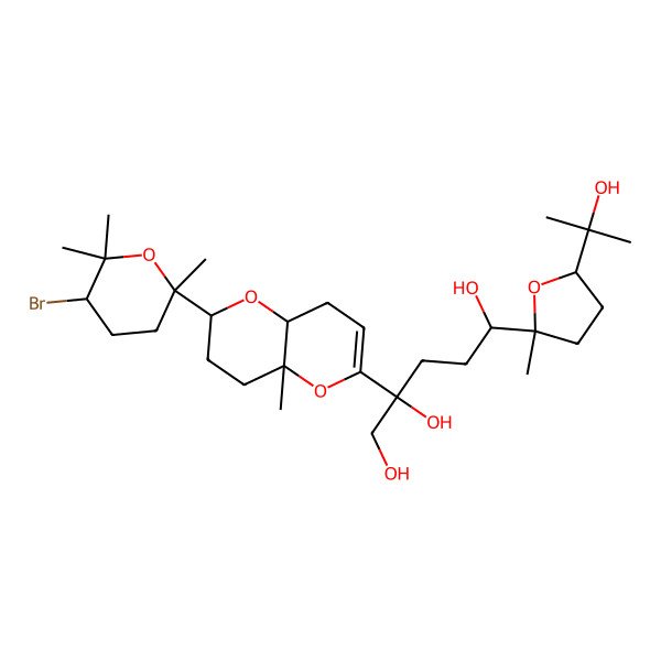 2D Structure of (2S,5S)-2-[(4aR,6R,8aS)-6-[(2S,5R)-5-bromo-2,6,6-trimethyloxan-2-yl]-8a-methyl-4a,6,7,8-tetrahydro-4H-pyrano[3,2-b]pyran-2-yl]-5-[(2R,5R)-5-(2-hydroxypropan-2-yl)-2-methyloxolan-2-yl]pentane-1,2,5-triol