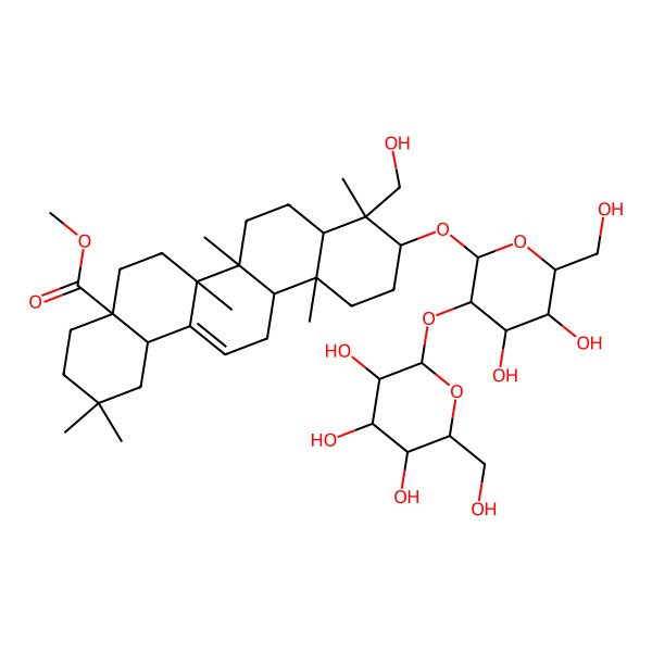 2D Structure of Methyl 10-[4,5-dihydroxy-6-(hydroxymethyl)-3-[3,4,5-trihydroxy-6-(hydroxymethyl)oxan-2-yl]oxyoxan-2-yl]oxy-9-(hydroxymethyl)-2,2,6a,6b,9,12a-hexamethyl-1,3,4,5,6,6a,7,8,8a,10,11,12,13,14b-tetradecahydropicene-4a-carboxylate