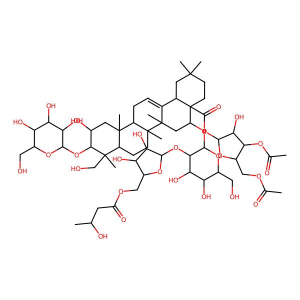 2D Structure of [4-Acetyloxy-5-(acetyloxymethyl)-3-hydroxyoxolan-2-yl] 5-[3-[3,4-dihydroxy-5-(3-hydroxybutanoyloxymethyl)oxolan-2-yl]oxy-4,5-dihydroxy-6-(hydroxymethyl)oxan-2-yl]oxy-11-hydroxy-9-(hydroxymethyl)-2,2,6a,6b,9,12a-hexamethyl-10-[3,4,5-trihydroxy-6-(hydroxymethyl)oxan-2-yl]oxy-1,3,4,5,6,6a,7,8,8a,10,11,12,13,14b-tetradecahydropicene-4a-carboxylate
