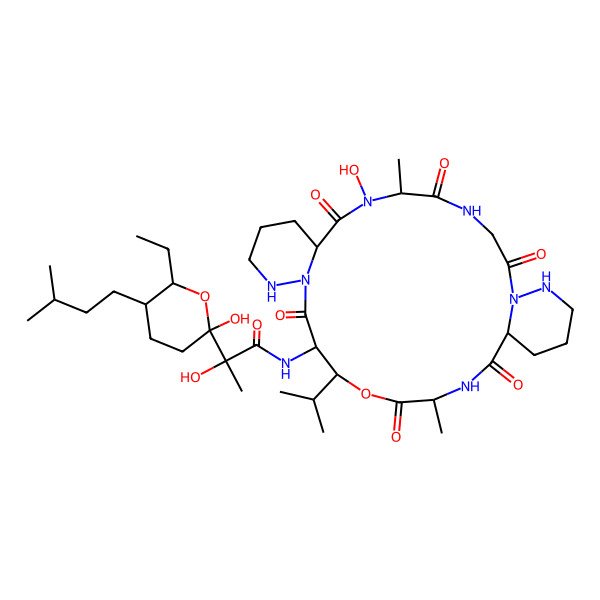 2D Structure of (2R)-2-[(2S,5R,6S)-6-ethyl-2-hydroxy-5-(3-methylbutyl)oxan-2-yl]-2-hydroxy-N-[(6R,9R,16R,17R,20R,23S)-7-hydroxy-6,20-dimethyl-2,5,8,15,19,22-hexaoxo-17-propan-2-yl-18-oxa-1,4,7,13,14,21,27-heptazatricyclo[21.4.0.09,14]heptacosan-16-yl]propanamide