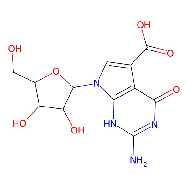 2D Structure of 2-amino-7-[(2R,3R,4S,5R)-3,4-dihydroxy-5-(hydroxymethyl)oxolan-2-yl]-4-oxo-1H-pyrrolo[2,3-d]pyrimidine-5-carboxylic acid